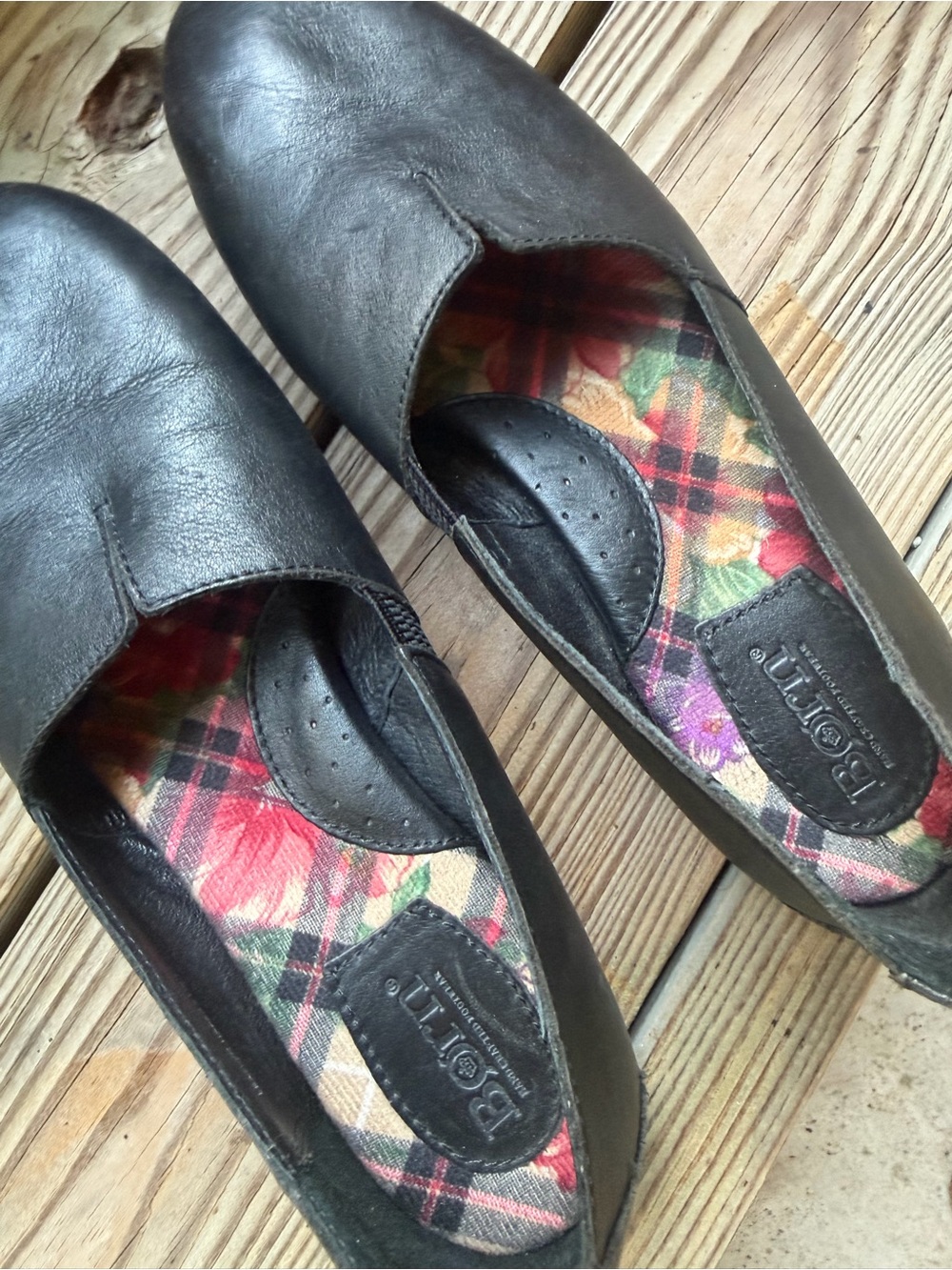 Born Black Leather Slip-On Flats with Floral Plaid Insole - Picture 3 of 8